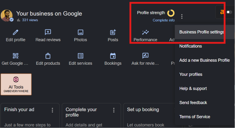 The in-search Google Business Profile dashboard with an arrow pointing to the 3-dot menu icon