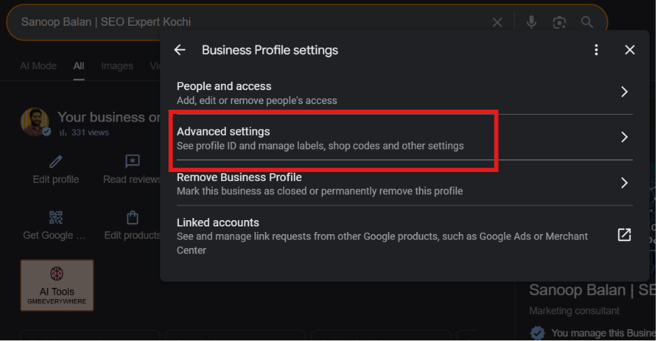 The Advanced Settings menu showing the Business Profile ID at the top, with a box around the Copy ID button