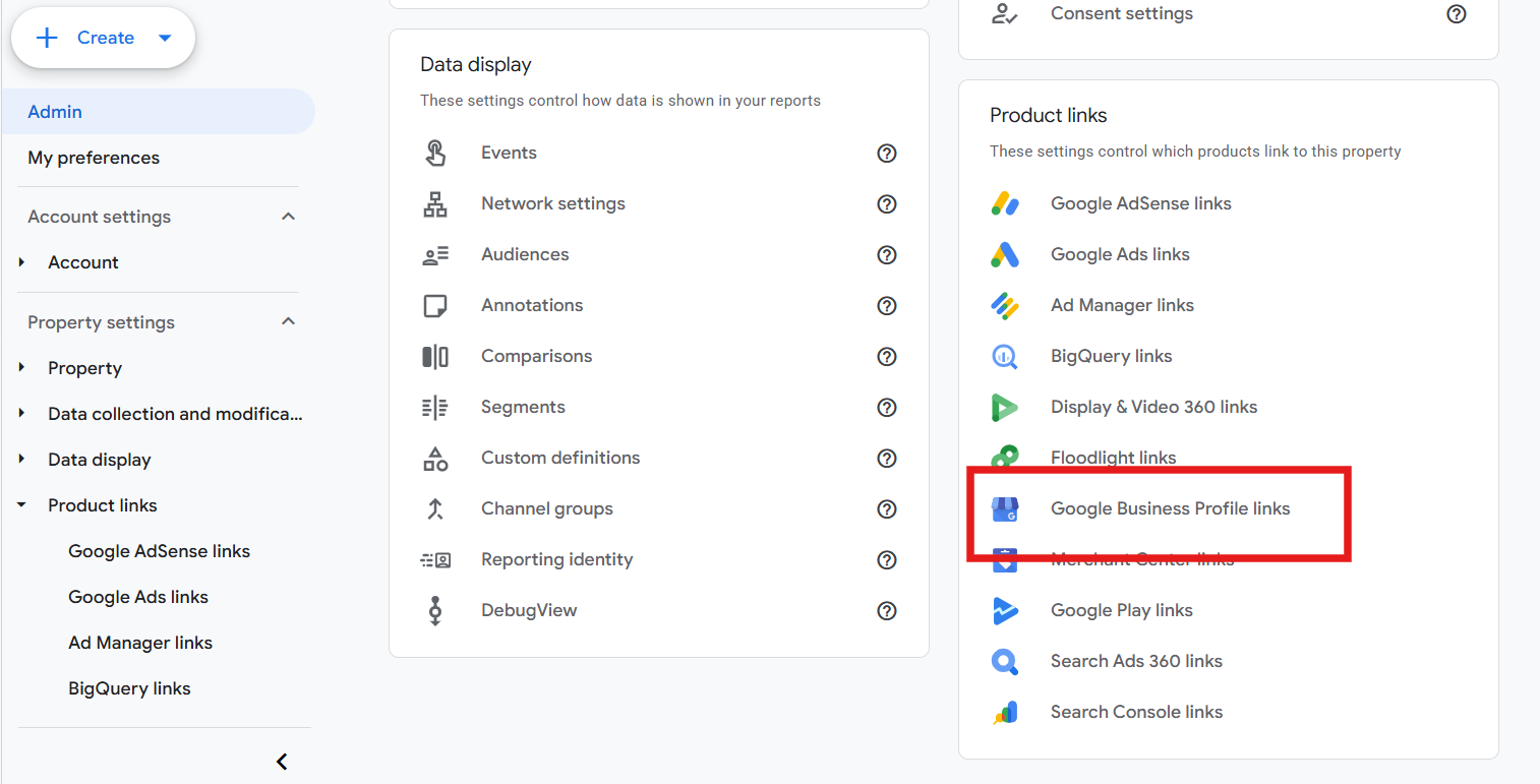 Navigate to Google Business Profile links in GA4 Admin