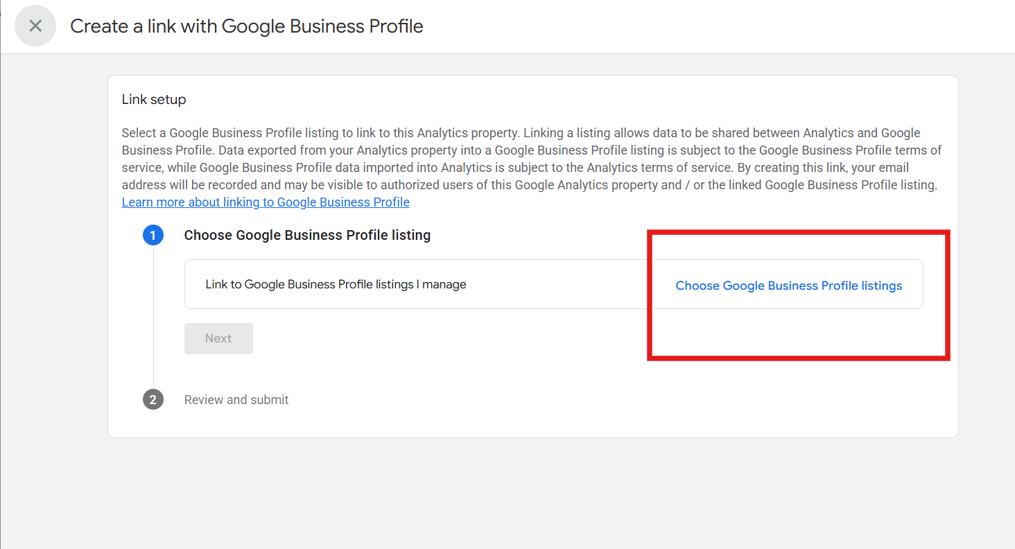 Choose Google Business Profile listings I manage option