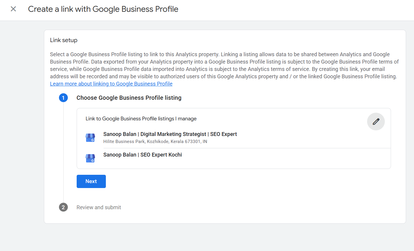 Select Google Business Profile listings to link to GA4