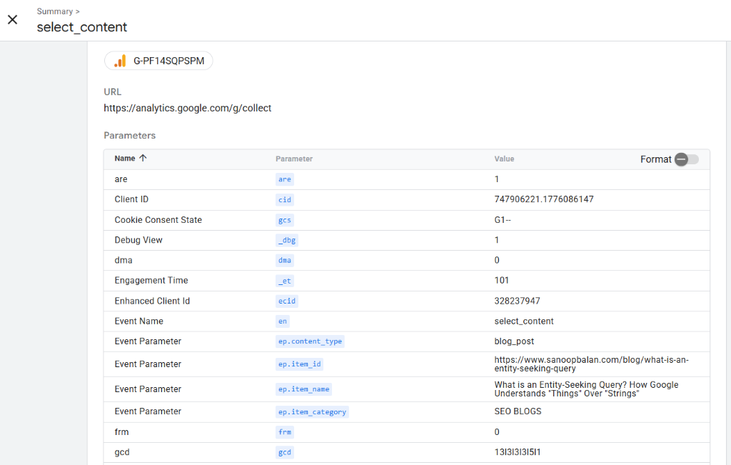 GA4 DebugView select_content parameters showing clean structured data