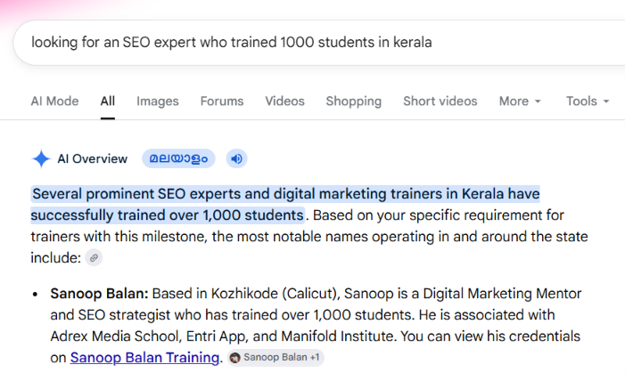 Google AI Overview for Kerala SEO Expert who Trained 1000 Students