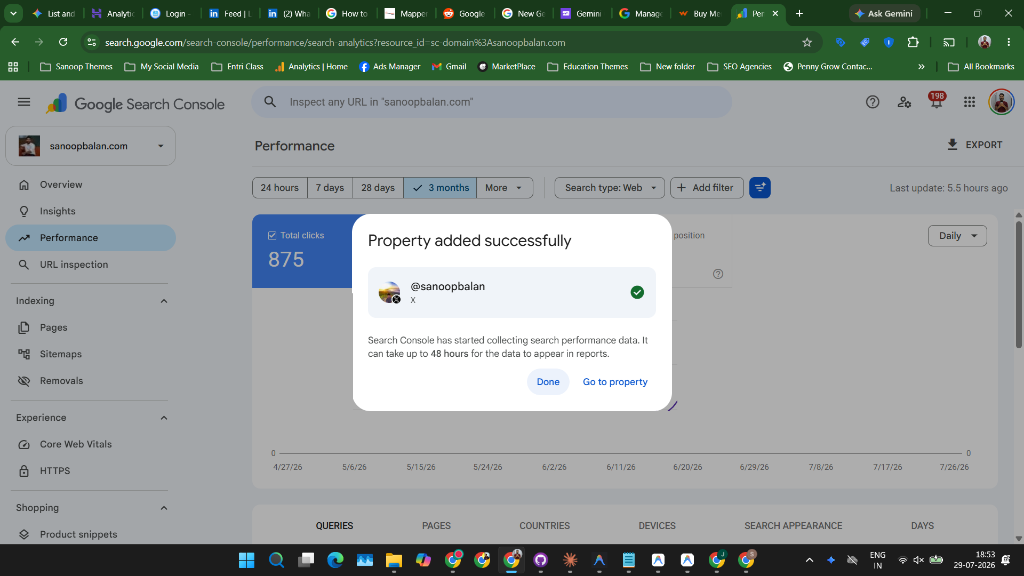 X Property added successfully modal in Search Console
