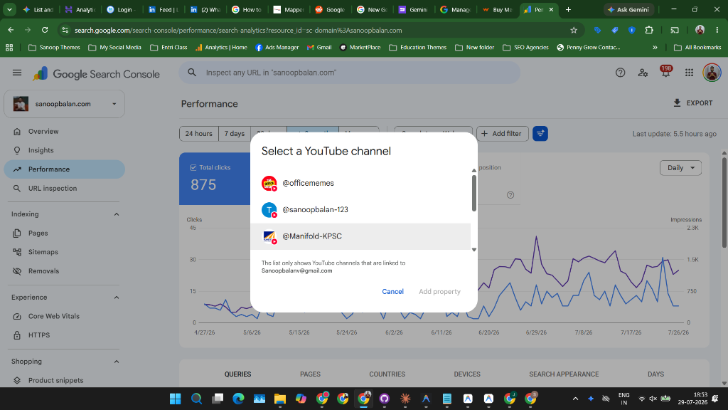 Select a YouTube Channel modal in Search Console