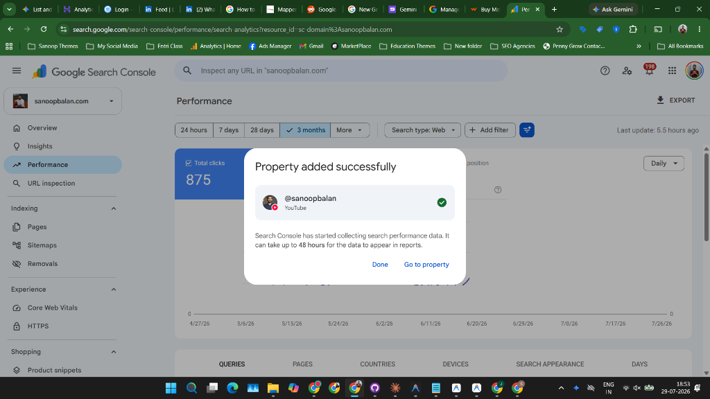 YouTube Property added successfully modal with 48 hour note