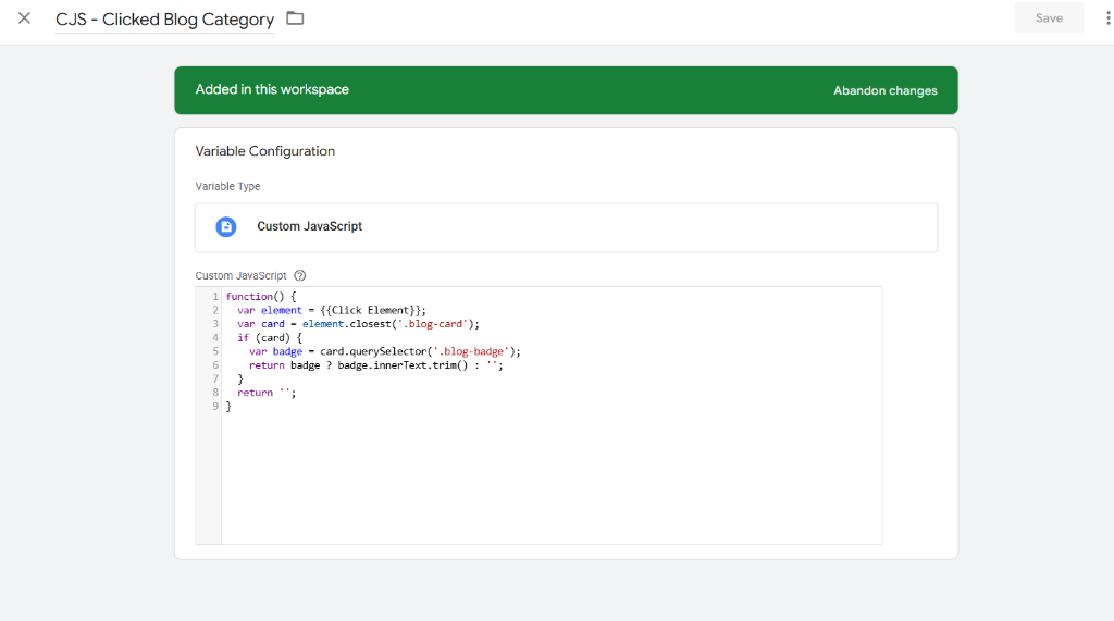 GTM Custom JavaScript Variable Config for Clicked Blog Category