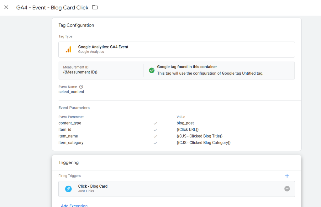 GA4 - Event - Blog Card Click Tag Configuration in Google Tag Manager