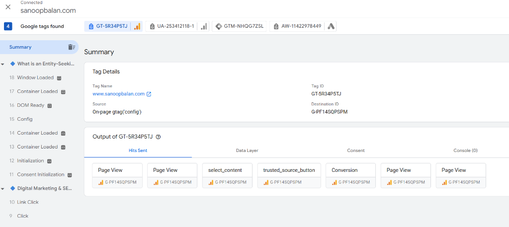 GTM Tag Assistant summary showing select_content event fired successfully