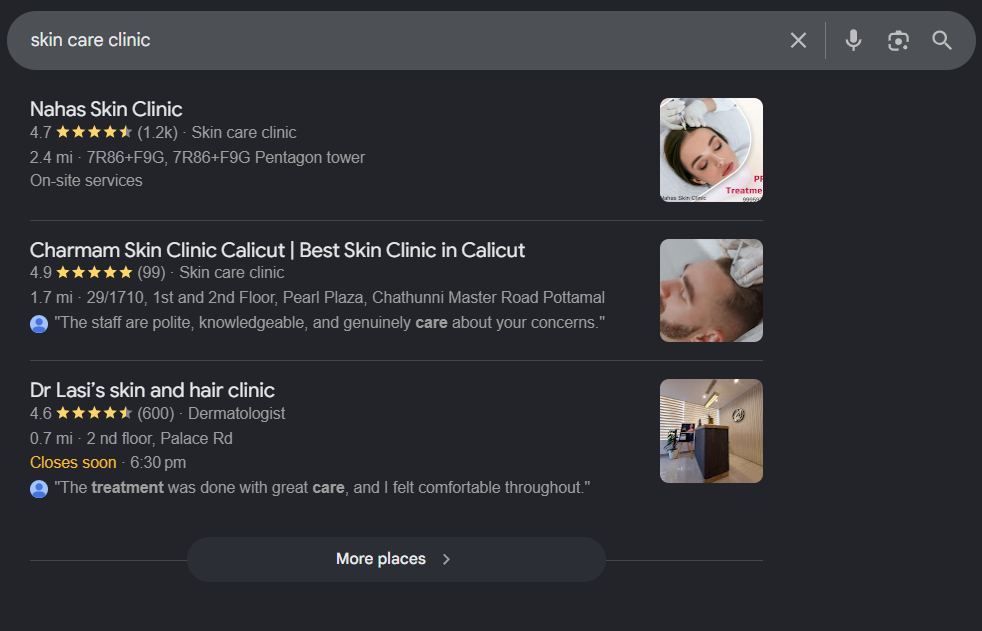 Google Maps Local 3-Pack Search Results for Skin Care Clinic in Kerala