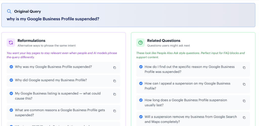 Qforia analysis interface breaking down original query reformulations and related questions