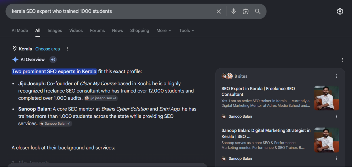 Google Search Results for The Kerala SEO Expert who Trained 1000 Students