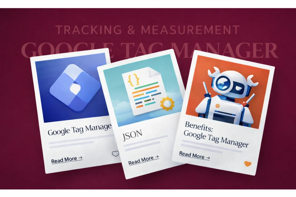 illustration showing Google Tag Manager, json, benefits of gtm